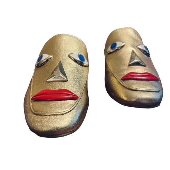 Katy Perry THE RUE Gold Mules Slides Size 6 Party Fun Artsy 3D Modern Glam Face - Picture 2 of 13